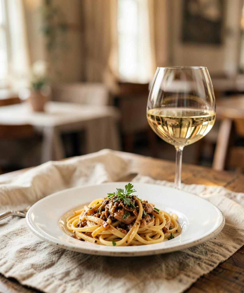 Plated pasta and a glass of wine in a warm restaurant