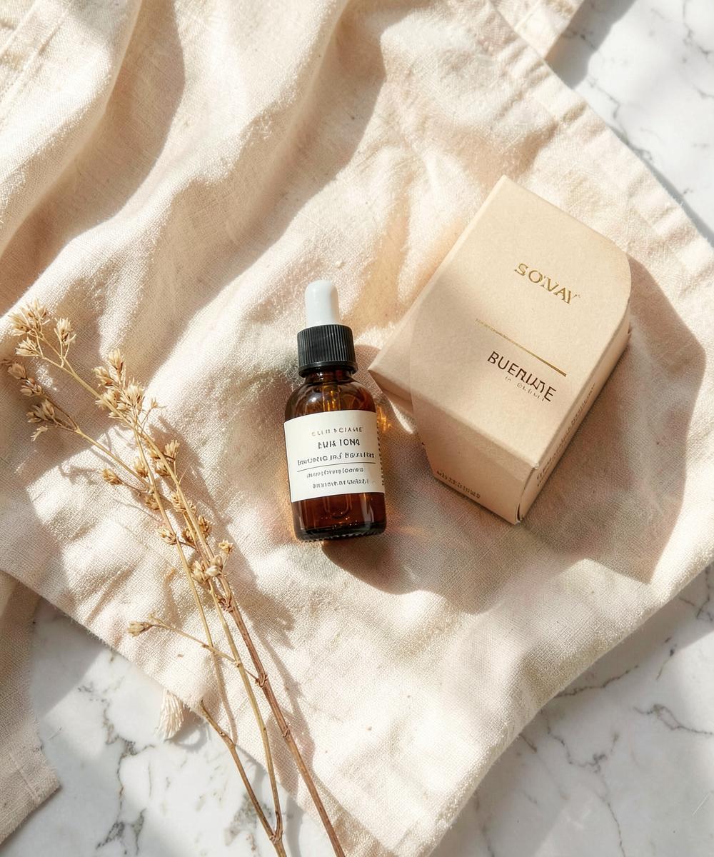 Skincare bottle styled on cream linen