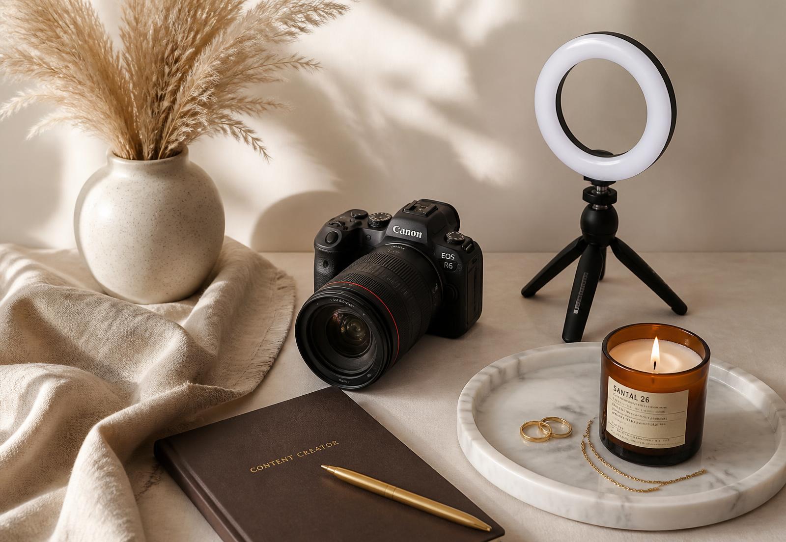 Camera, ring light and candle styled on a cream backdrop